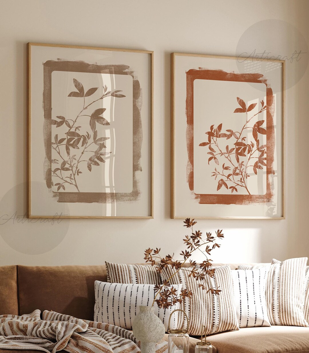 View of Abstract Fall Wall Art Set of 2, Botanical Leaves Printable Orange ...