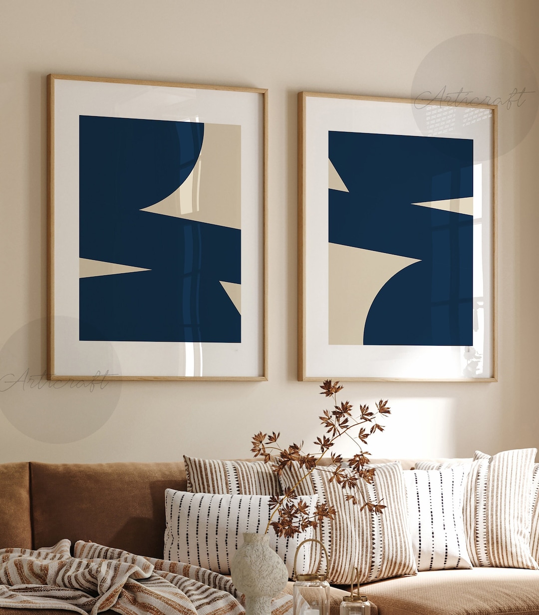 Navy Mid Century Modern Geometric Print Set of 2, Boho Beige and