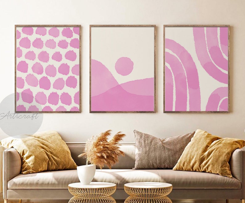 Pink Wall Art Set of 3 Pink Boho Art Mid Century Modern Etsy