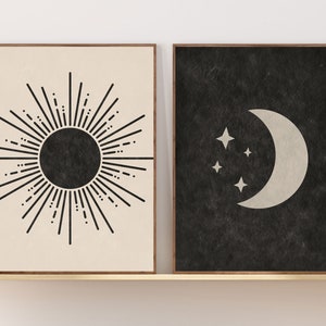 Sun and Moon Art Set of 2 Prints, Mid Century Sun and Moon Boho Print Set, Geometric Abstract Art, Stars, Wall Art, Black and Beige Art