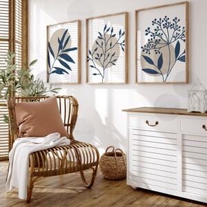 Abstract Botanical Art Set of 3 Prints, Boho Gallery Wall Art, Navy ...