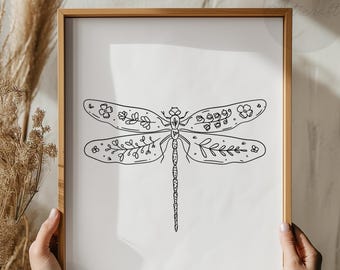 Dragonfly Digital Art, Dragonfly Print, Floral line Printable Wall Art, Home Decor, Insect Prints, Dragonflies Retro art, Nature Printables