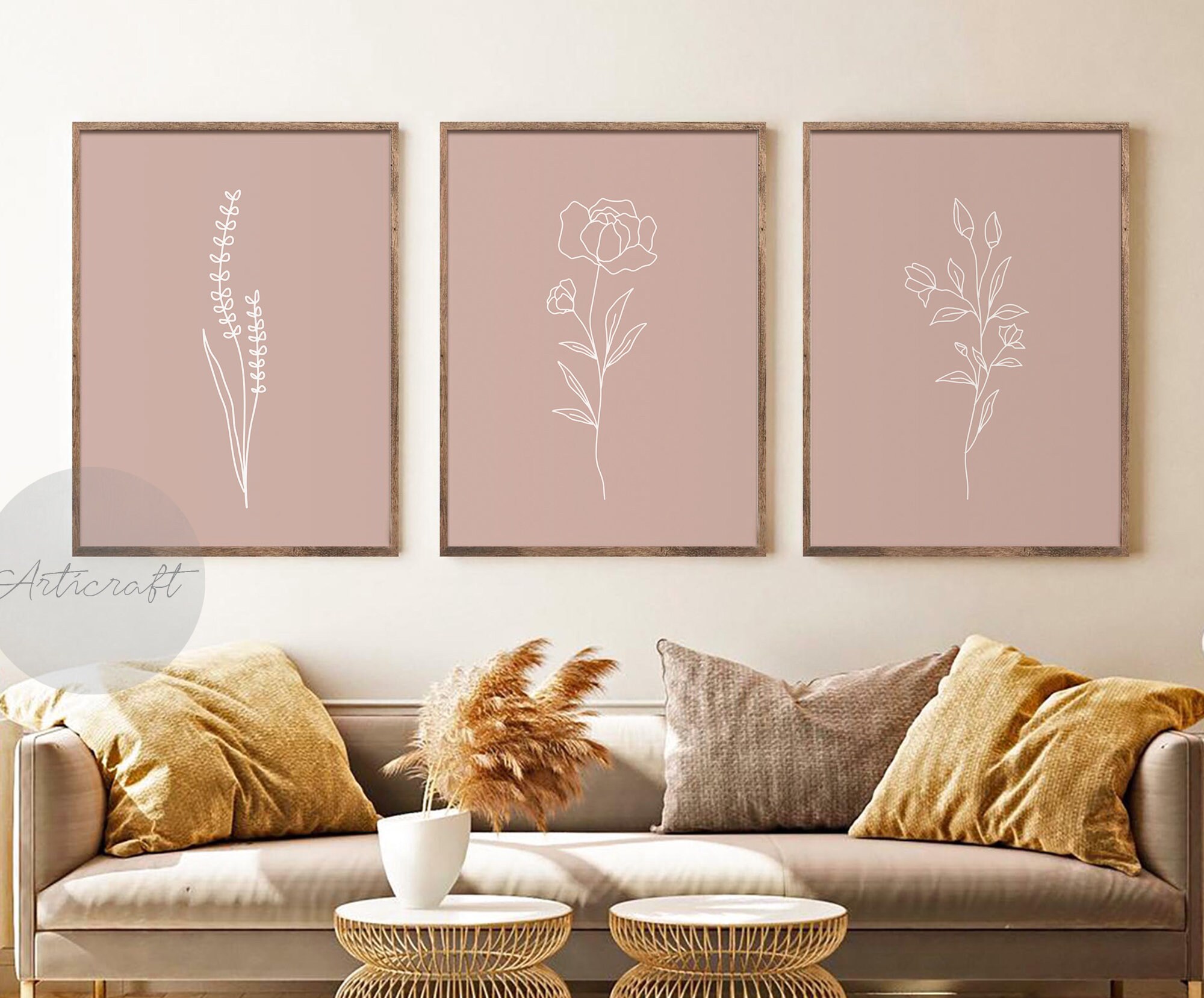 Minimal Line Botanical Print Set of 3, Gallery Wall art, Line Flowers Printable Art, Blush Pink Wild Flowers Floral Line Art, Modern Home