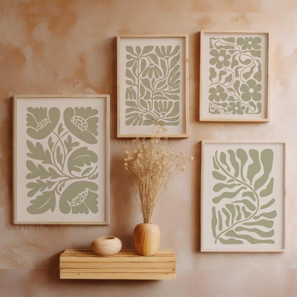 Utskrivbara bohemiska posters, set med 4 salviagrön väggkonst, abstrakta botaniska tryck, blommig heminredning i mitten av århundradet, minimalistiska vildblommor