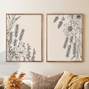 Line Botanical Print Set of 2, Gallery Wall art, Line Flowers Printable Art, Wild Flowers Art, Black Beige Floral Modern Home Decor Art