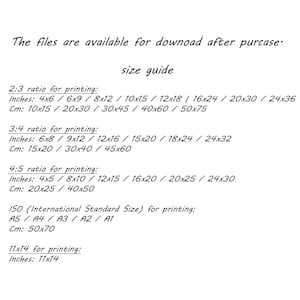 May include: A size guide for printing, showing different aspect ratios and their corresponding dimensions in inches and centimeters. The guide includes 2:3, 3:4, 4:5 ratios, as well as ISO standard sizes like A5, A4, A3, A2, and A1. It also includes a 11x14 inch option.