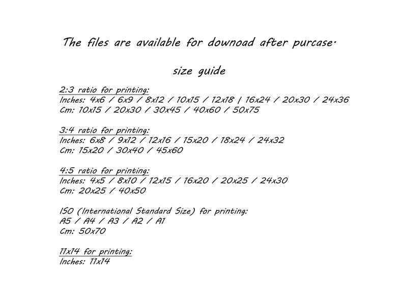 May include: A size guide for printing, showing different aspect ratios and their corresponding dimensions in inches and centimeters. The guide includes 2:3, 3:4, 4:5 ratios, as well as ISO standard sizes like A5, A4, A3, A2, and A1. It also includes a 11x14 inch option.