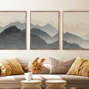 Abstract Mountain Print Set of 3, Minimal Blue Mountain, Abstract Landscape, Mid Century Modern Living Room Wall Decor, Mountain wall Art