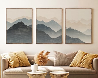 Abstract Mountain Print Set of 3, Minimal Blue Mountain, Abstract Landscape, Mid Century Modern Living Room Wall Decor, Mountain wall Art