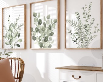 Lot de 3 impression botanique aquarelle d'eucalyptus, décoration d'intérieur moderne vert sauge