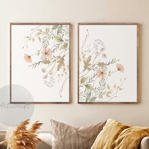 Botanical Print Set of 2, Pastel Watercolor Wildflowers Printable Art, Floral Neutral Minimal Farmhouse Modern Home Decor, Gallery Wall art