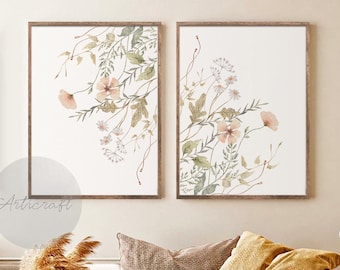 Botanical Print Set of 2, Pastel Watercolor Wildflowers Printable Art, Floral Neutral Minimal Farmhouse Modern Home Decor, Gallery Wall art