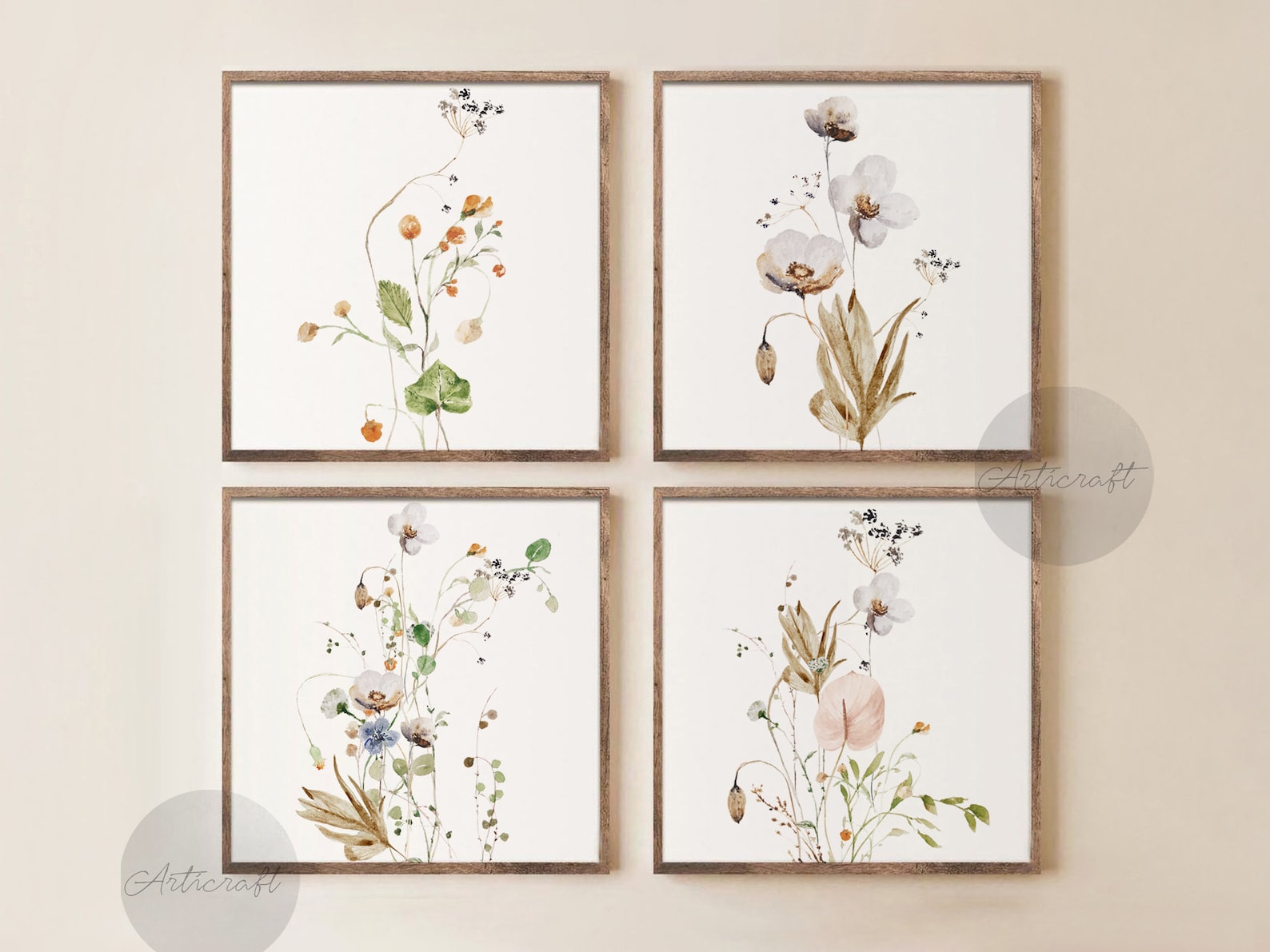 Watercolor Botanical Print Set of 4, Gallery Wall Art, Floral Printable ...