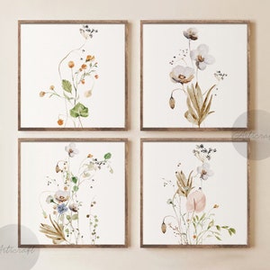 Set di 4 stampe botaniche ad acquerello, arte murale da galleria, arte floreale stampabile, stampe quadrate floreali con fiori selvatici, arte moderna per la decorazione della casa