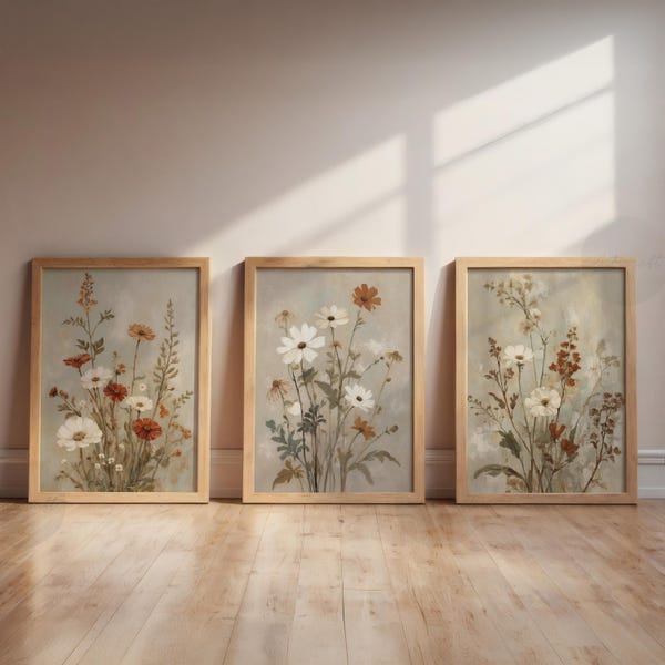 Ensemble de 3 imprimé floral beige, sauge et terre cuite, art mural imprimable, fleurs sauvages, art botanique bohème de la ferme, décoration d'intérieur moderne fleurs