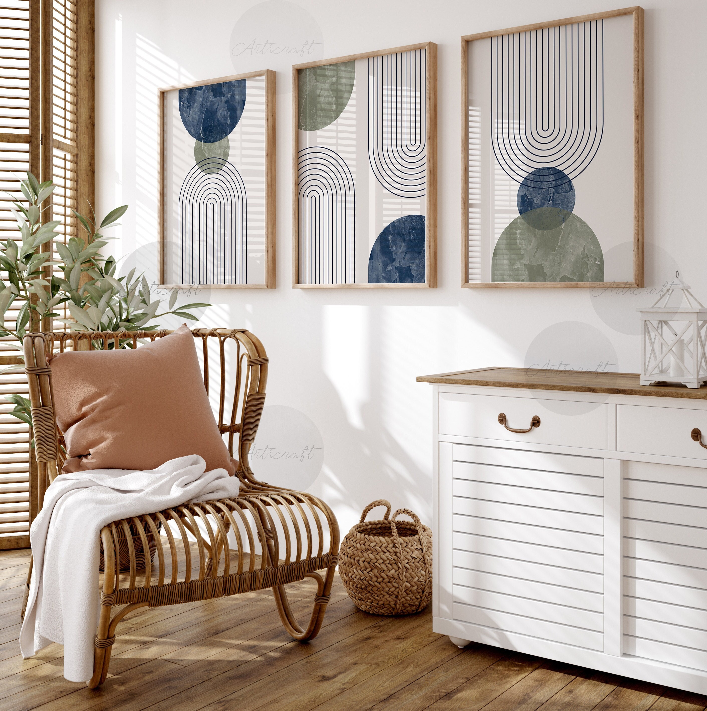 Leseogye Set 3 Decorazioni Da Parete Astratte Bohémien - Quadri Geometrici In Legno Verde, Arte Botanica Per Soggiorno E Camera Da Letto