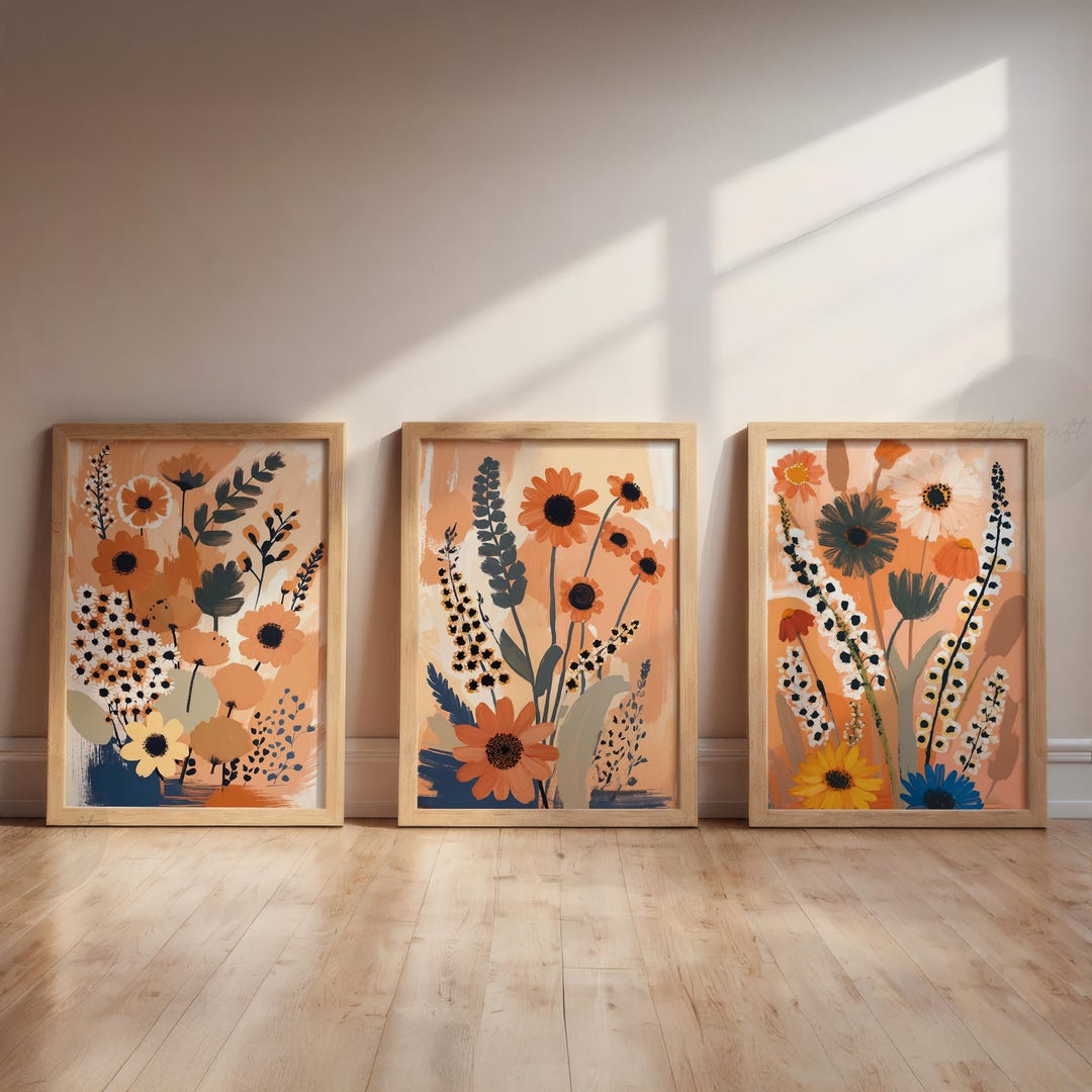 Boho Floral Wall Art Set of 3, Terracotta Abstract Flower Paintings ...