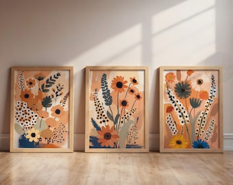 Boho Floral Wall Art Set of 3, Terracotta Abstract Flower paintings, Vintage Printable Flower Market Posters, modern decor