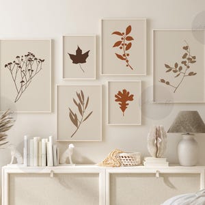 Abstract Fall Wall Art Set of 6 (digital) Botanical Leaves Printable in Orange & Brown Modern Home Decor, Boho Gallery Minimalist Nature