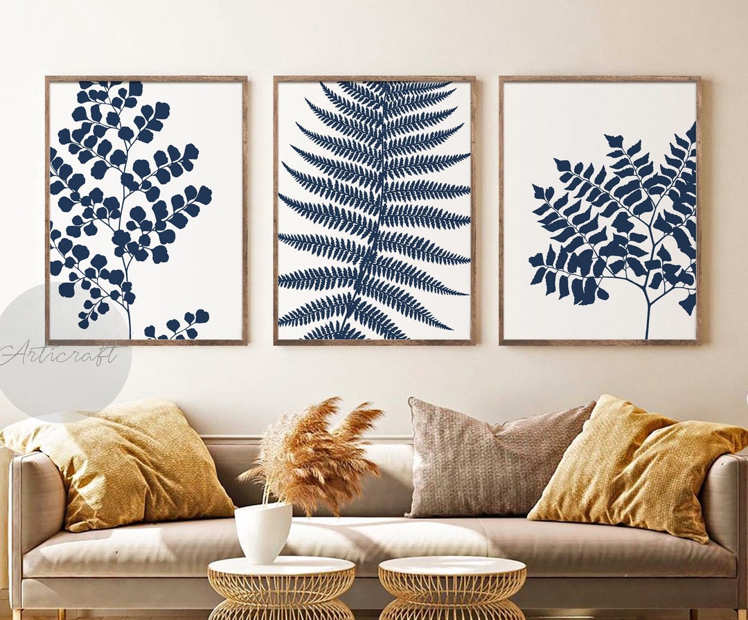 Navy Blue Fern Set of 3, Botanical Gallery Wall Art, Boho Navy ...