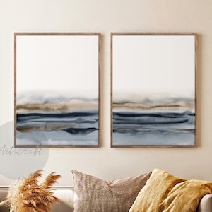 Conjunto de 2 impresiones de acuarela abstracta, póster digital de arte mural con océano azul marino y marrón, decoración de pared moderna, arte minimalista bohemio para sala de estar.
