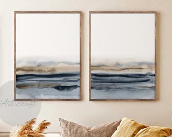 Abstract Watercolor Art Set of 2 Prints, Digital Navy Blue Brown Ocean Wall Art Poster Set, Modern Wall Decor, Boho Minimal Living room art