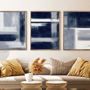 Navy Blue Abstract Art, Modern 3 Piece Art Set, Painting, Gallery Wall ...