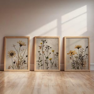 Neutral Floral Print Set of 3, Printable Wall art, pressed Wildflowers, Boho Botanical Farmhouse Art, Flowers Modern Home Decor