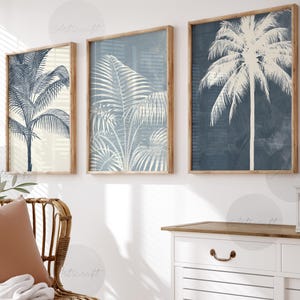 Abstract Palm Tree Print Set of 3, Printable Tropical Art, Blue Modern Palm Leaves Wall Decor, Minimalist Boho Beach Art