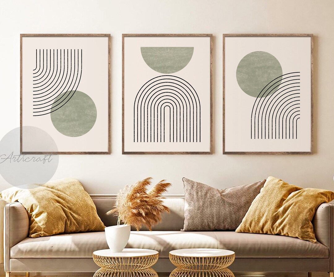 Green Mid Century Modern Geometric Art Set of 3 Prints, Boho Art ...