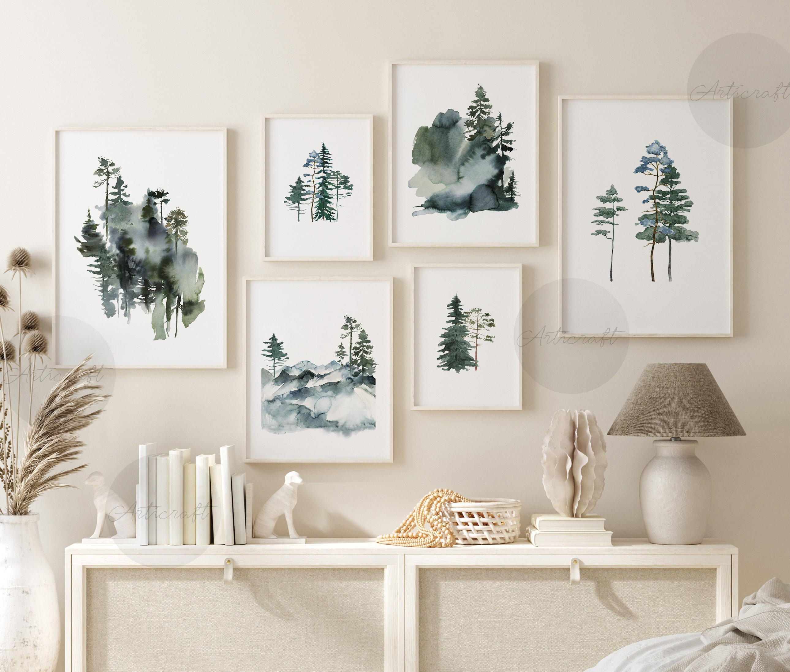 Pine Trees Prints, Nature Print Set of 6, Watercolor Pine Trees, Printable Wall Art, Mountain Wall Art, Christmas Trees Digital Art