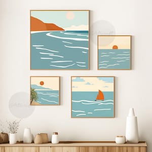 Set von 4 Strand, Aqua Blau Ozean Sonnenuntergang Wandkunst, Sommer Retro Sonnenaufgang quadratisches Plakat, minimalistische Küsten digitale minimale Mitte des Jahrhunderts