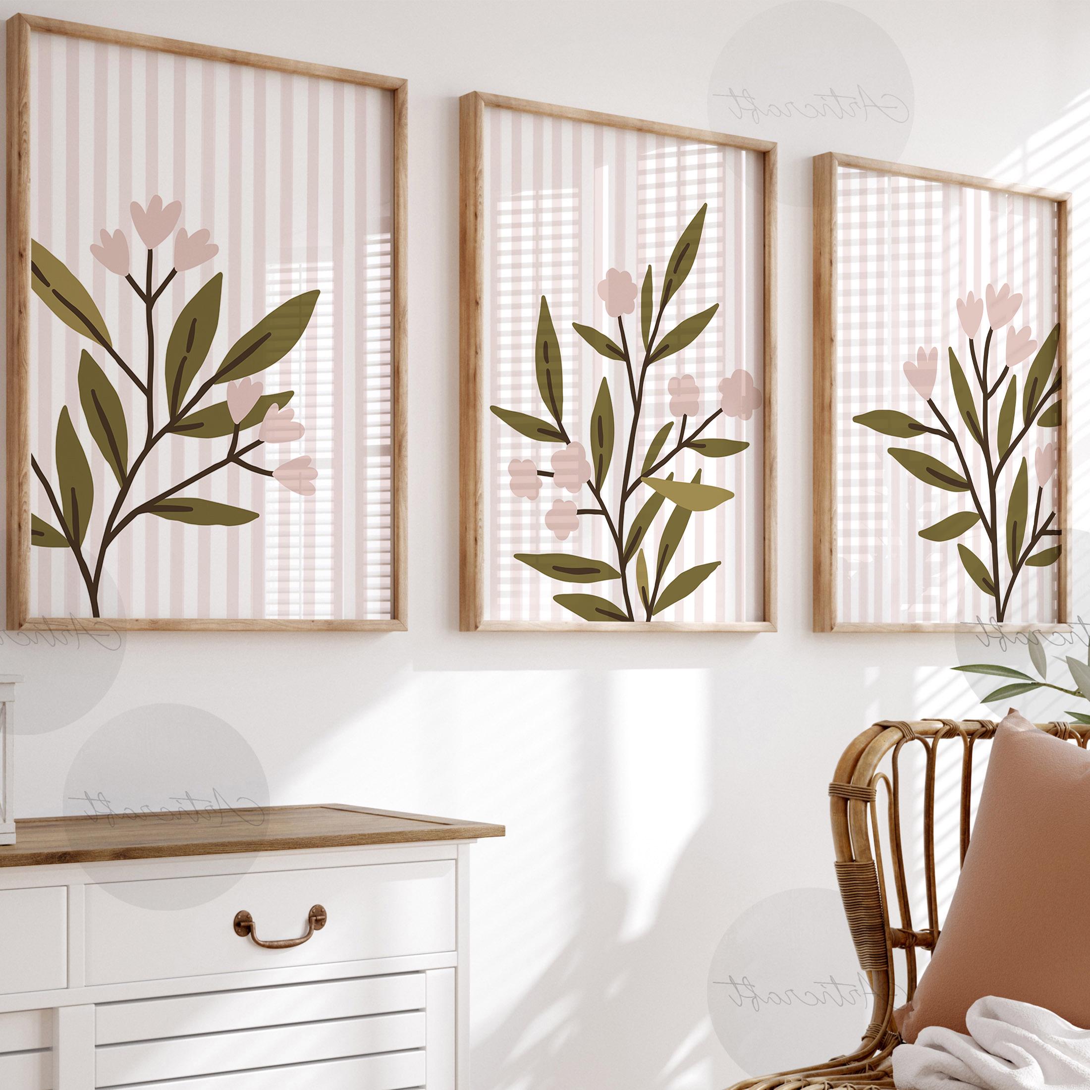 Blush Pink Stripe Floral Printable 3 Set Retro Flowers Wall Art Digital ...