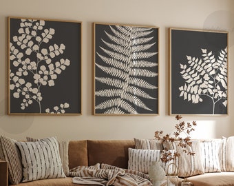 Neutral Botanical Print Set of 3, Minimal Abstract Fern Botanical Prints, Boho Gallery Wall art, Gray Cream Botanical Wall Decor, Fern Art