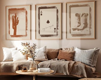 Western Printable Long Live Cowgirls Print Set of 3, Boots, Black Beige Digital Wall Art, Neutral Southern Girl Poster Ace of Spades, Cactus