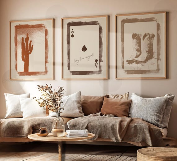 Western Printable Long Live Cowgirls Print Set of 3, Boots, Black Beige Digital Wall Art, Neutral Southern Girl Poster Ace of Spades, Cactus