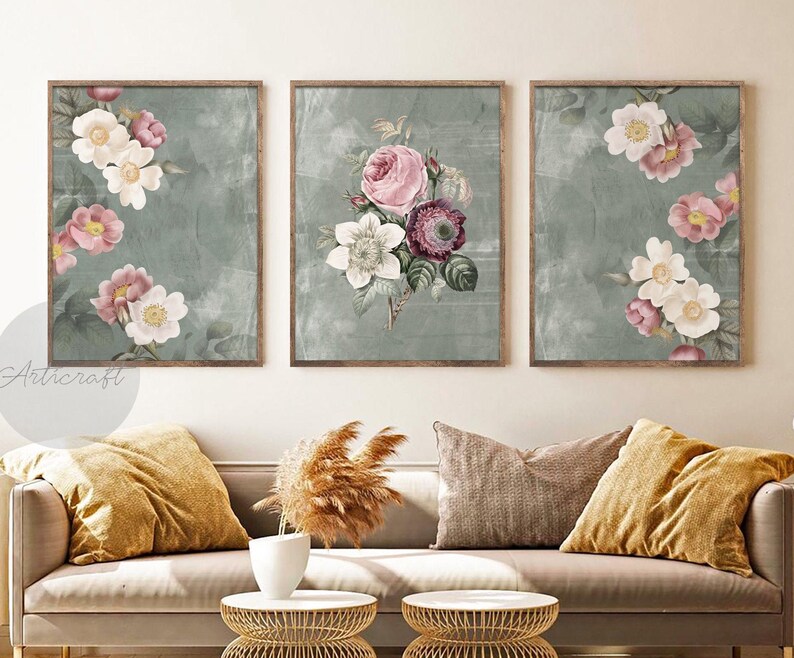 Green Botanical Art Set of 3 Vintage Sage Green Floral Art Etsy