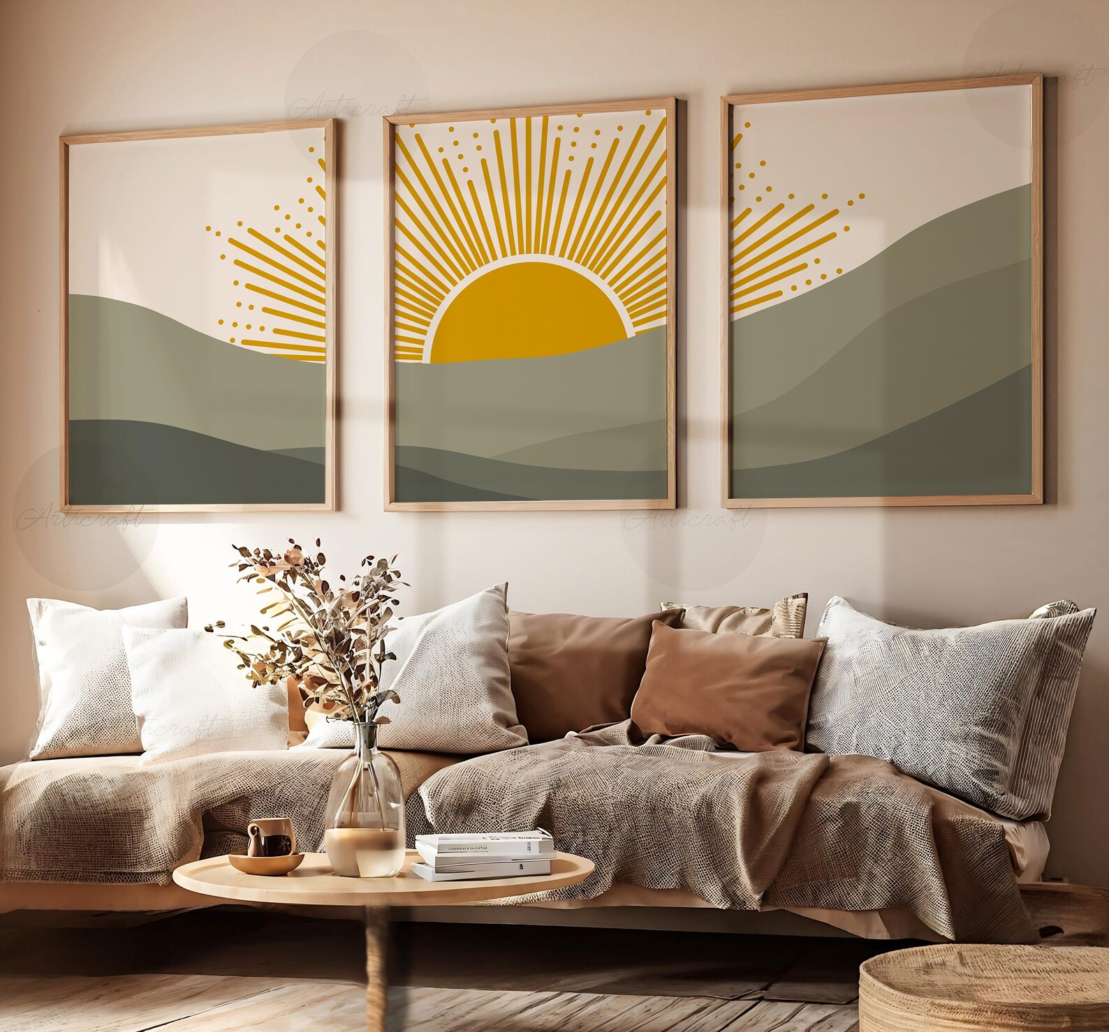 Boho Sun Print Set of 3 Prints, Wall Decor, Yellow Sun Digital Download ...