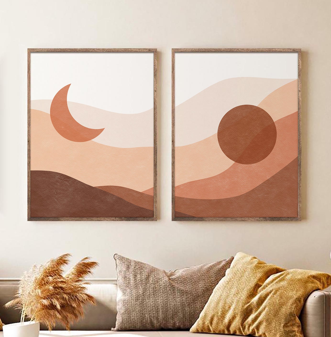 sunrise Beautiful set of 2 boho wall Art Sun ray and Moon phases terracotta print Sunburst Sunshine half moon printable.
