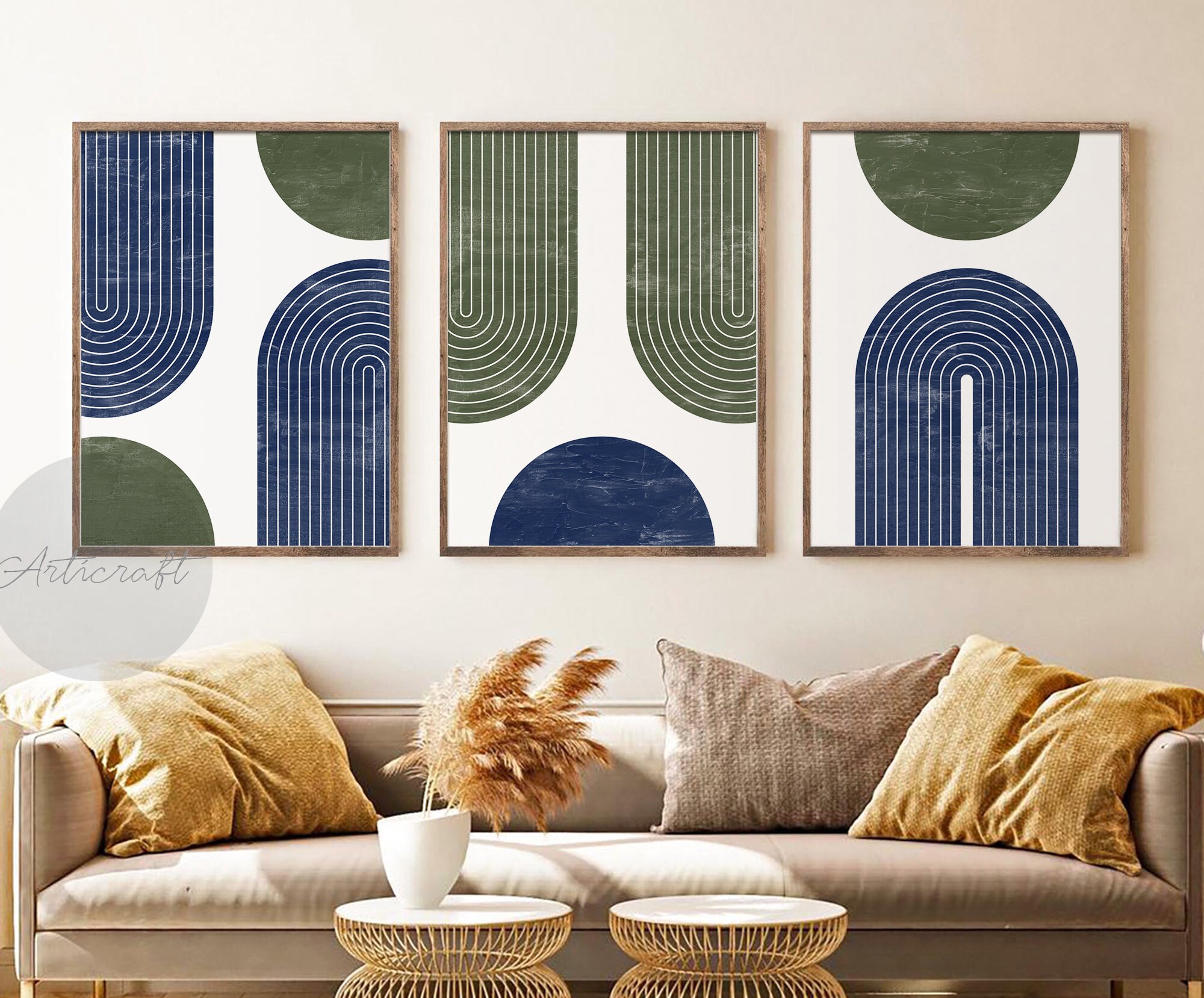 Green and Navy Blue Geometric Art Set of 3 Mid Century Modern Etsy