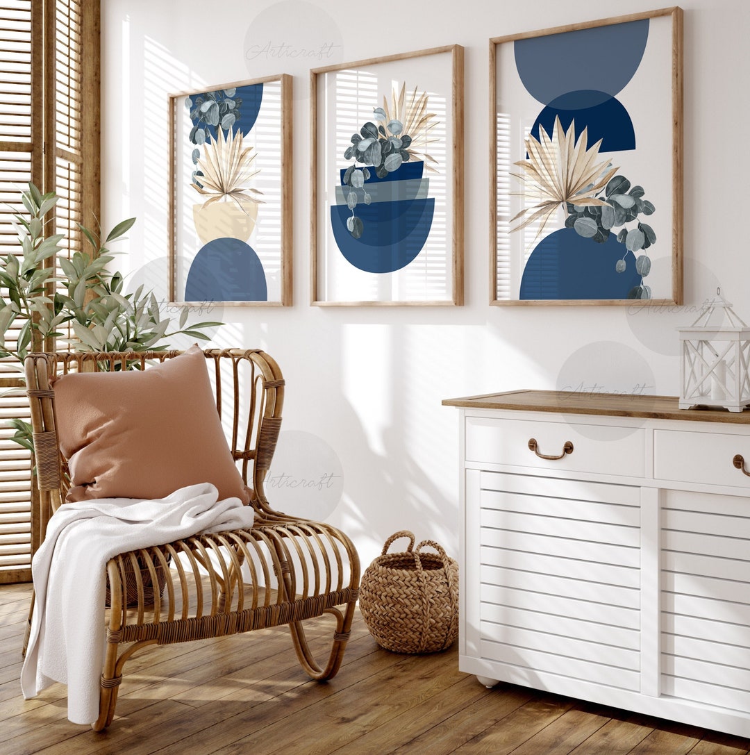 Set of 3 Boho Wall Prints, Navy Blue and Beige Modern Botanical Boho ...
