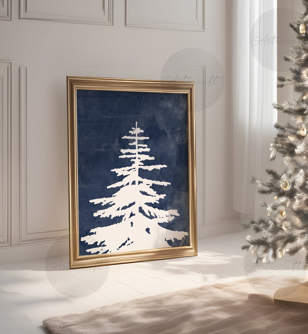 Christmas Tree Print, Navy Blue Christmas Wall Art, Scandi Christmas