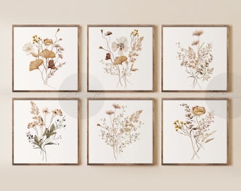 Watercolor Botanical Print Set of 6, Gallery Floral Art, Printable Farmhouse Wall Art, Wild Flowers Square Prints, Modern Home Decor Art