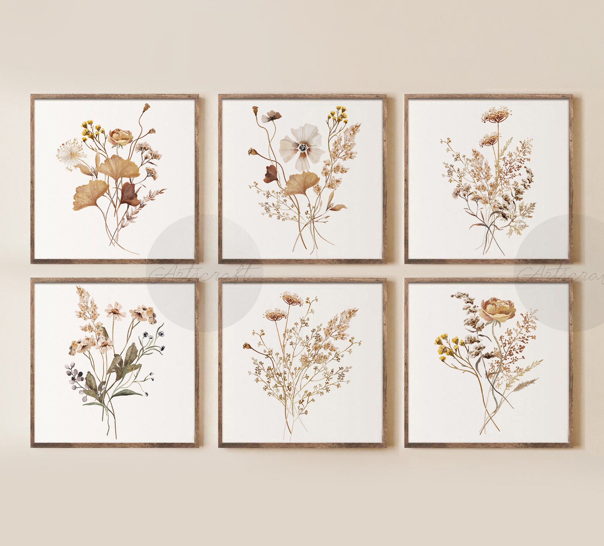 of Wild Modern Floral Etsy Decor Set Art, 6, Prints, - Flowers Farmhouse Art, Printable Botanical Art Wall Square Print Gallery Watercolor Home