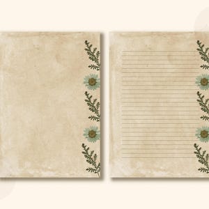 Papelaria botânica para impressão, páginas vintage de flores prensadas, papel de carta digital retrô, papel Boho para impressão A4 e tamanho carta EUA 8,5x11