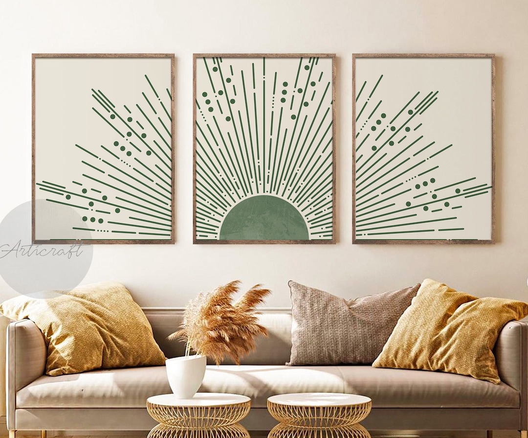 Green Sun Print Set of 3, Mid Century Modern Geometric Sun Print, Boho ...