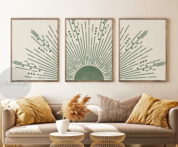 Green Sun Print Set of 3 Mid Century Modern Geometric Sun - Etsy