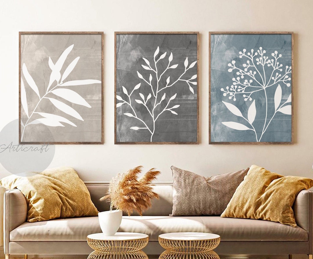 Abstract Botanical Art Set of 3 Prints, Boho Gallery Wall Art, Blue ...