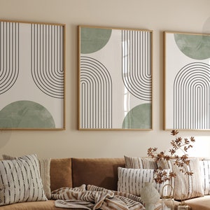 Conjunto de 3 gravuras de arte geométrica moderna de meados do século em verde sálvia, decoração de parede estilo boho, arte abstrata para impressão, gravuras de arco-íris em verde e preto