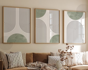 Sage Green Mid-century Modern Geometric Art Set of 3 Prints, Boho Wall decor, Printable Abstract Art, Green and Black Rainbow Line Prints